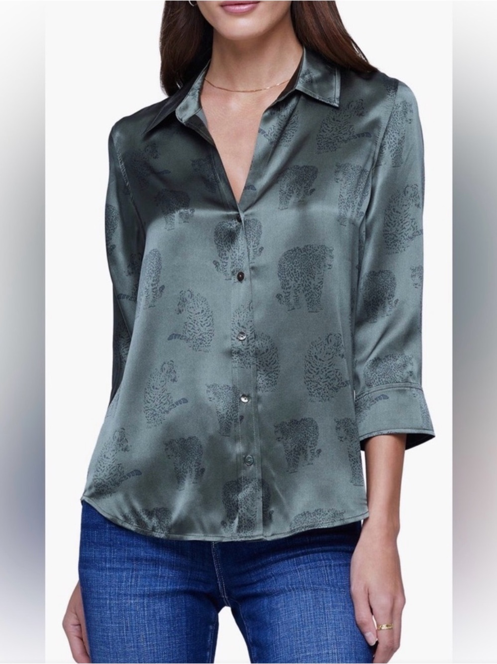 L’Agence Dani Tiger Print Silk Button Up Shirt Green Satin Women’s Size Small